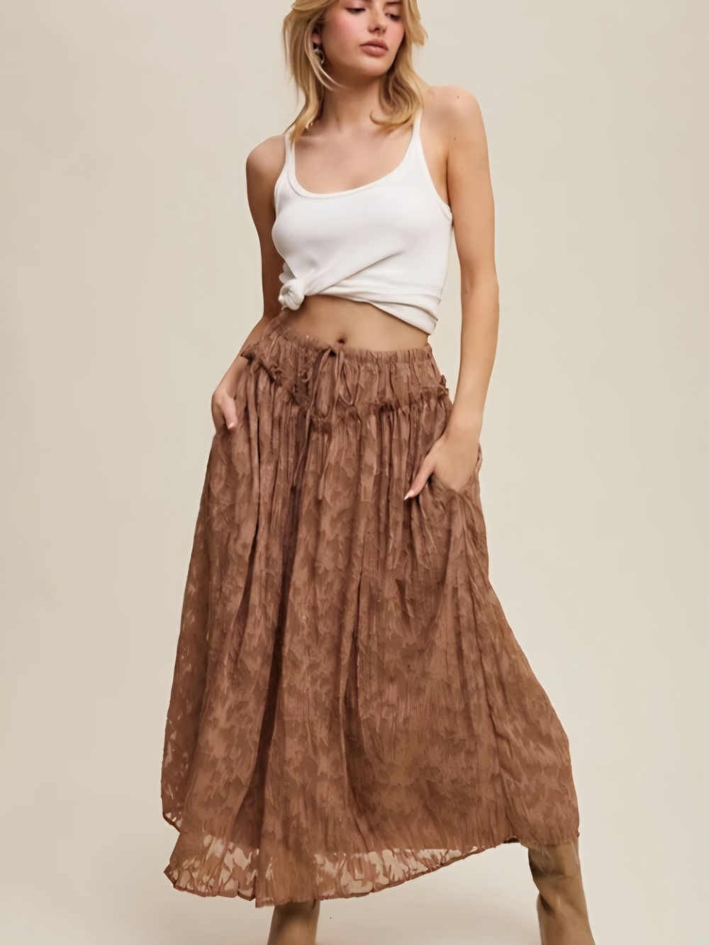 Listicle Floral Burnout Textured Maxi Skirt - Brown Boho Ruffle Waist